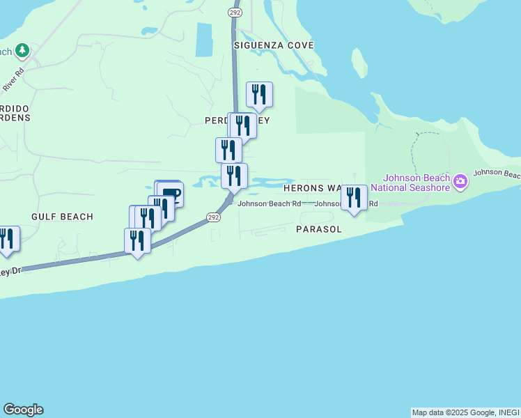 map of restaurants, bars, coffee shops, grocery stores, and more near 13500 Sandy Key Drive in Pensacola