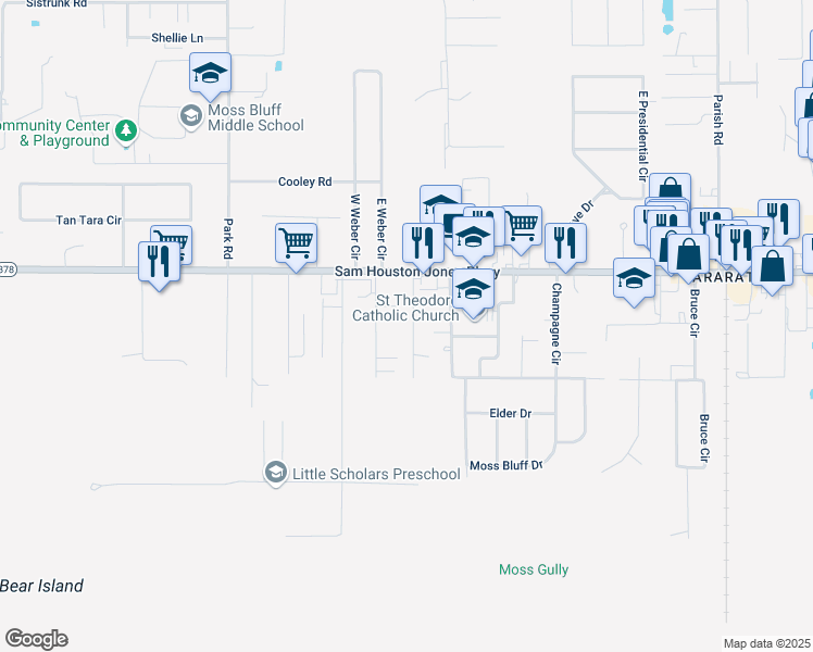 map of restaurants, bars, coffee shops, grocery stores, and more near 206 Gilmore Road in Lake Charles