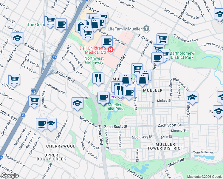 map of restaurants, bars, coffee shops, grocery stores, and more near 4600 James Wheat Street in Austin