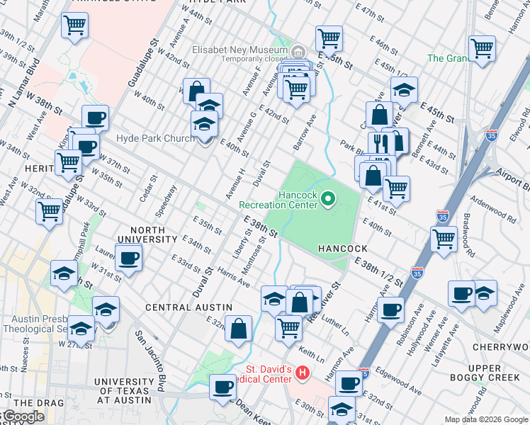 map of restaurants, bars, coffee shops, grocery stores, and more near 3806 Peck Avenue in Austin