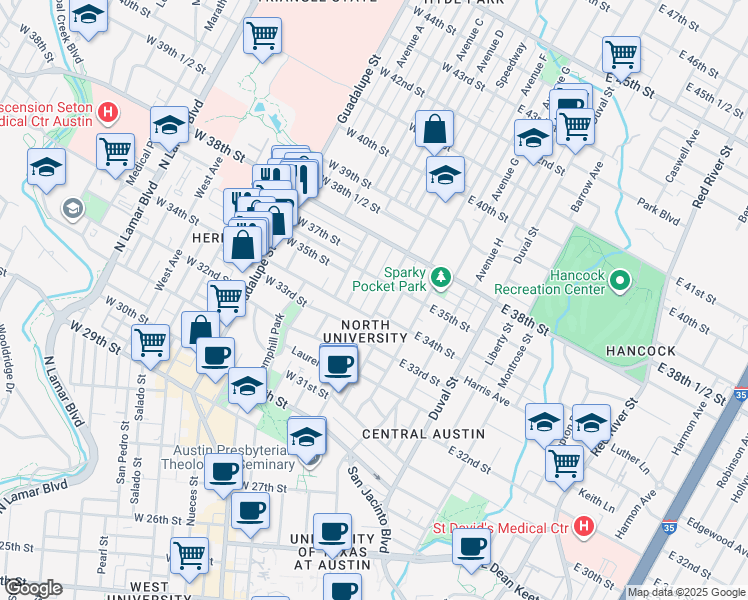 map of restaurants, bars, coffee shops, grocery stores, and more near 3400 Speedway in Austin