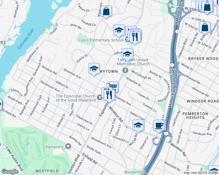 map of restaurants, bars, coffee shops, grocery stores, and more near 2710 Bowman Avenue in Austin