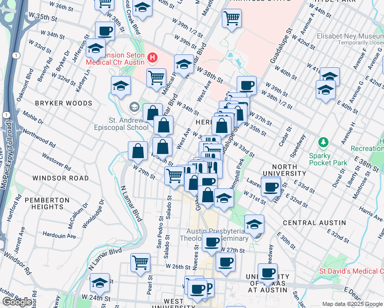 map of restaurants, bars, coffee shops, grocery stores, and more near West 31st Street in Austin