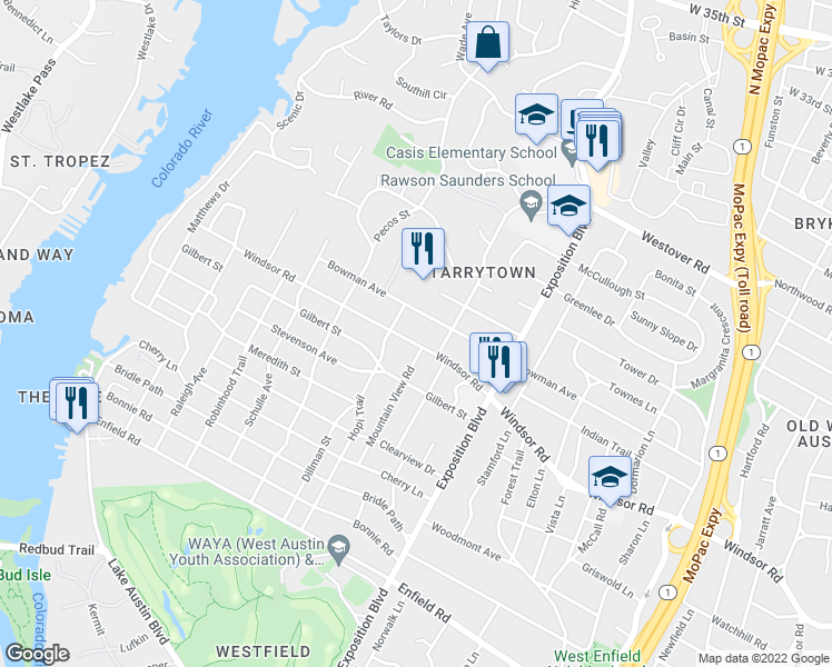 map of restaurants, bars, coffee shops, grocery stores, and more near 3306 Windsor Road in Austin
