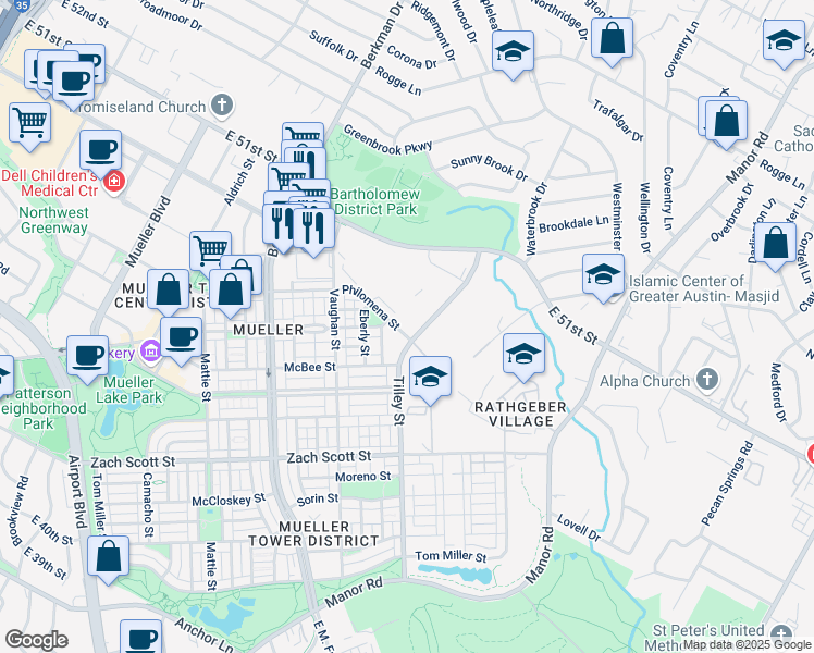 map of restaurants, bars, coffee shops, grocery stores, and more near 2724 Philomena Street in Austin