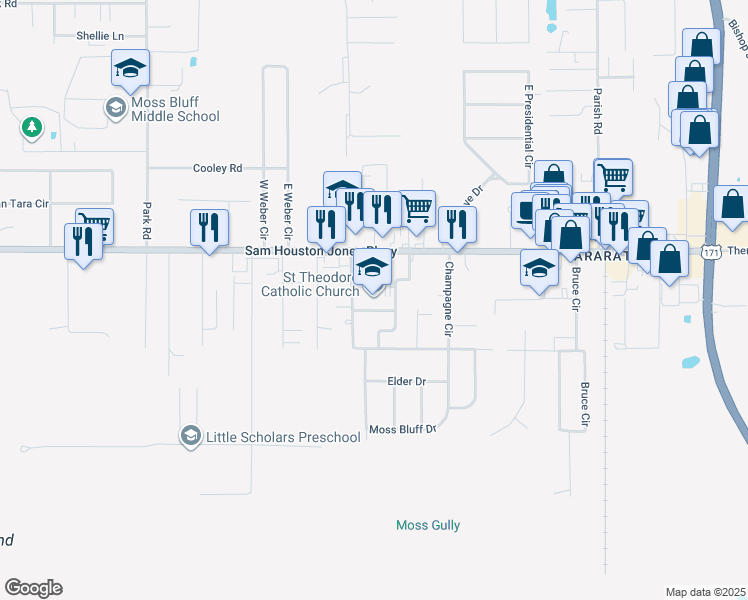 map of restaurants, bars, coffee shops, grocery stores, and more near 785 Sam Houston Jones Pkwy in Lake Charles