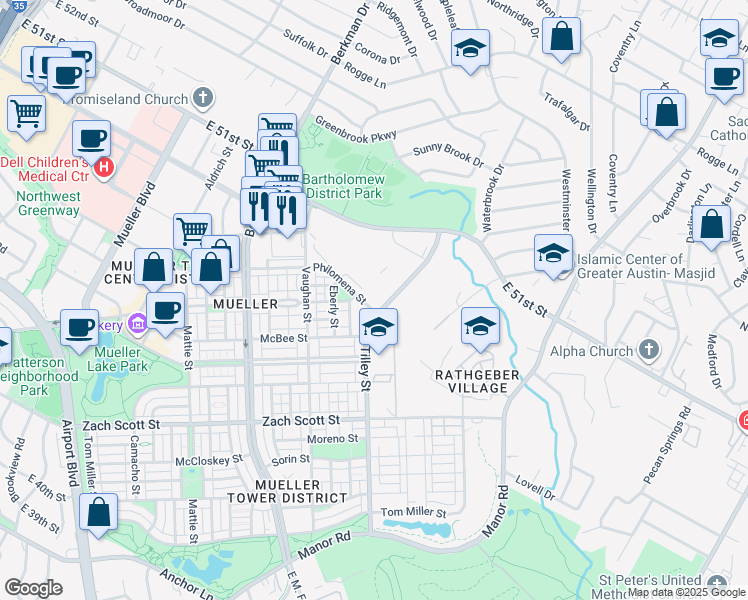 map of restaurants, bars, coffee shops, grocery stores, and more near 2724 Philomena Street in Austin
