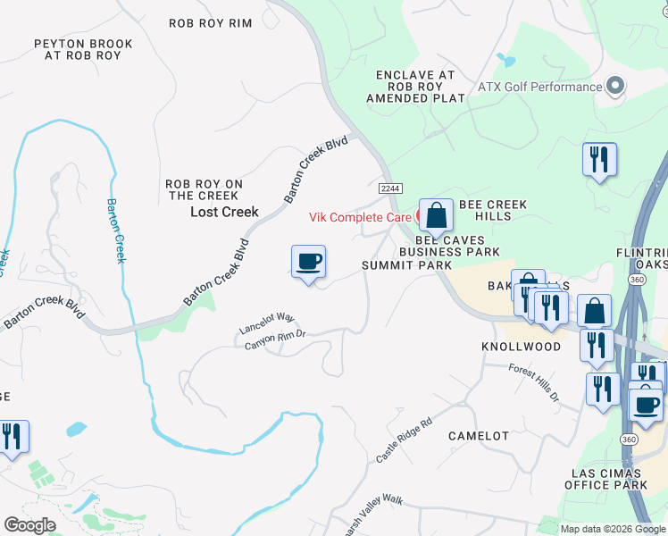 map of restaurants, bars, coffee shops, grocery stores, and more near 340 King Arthur Court in Austin