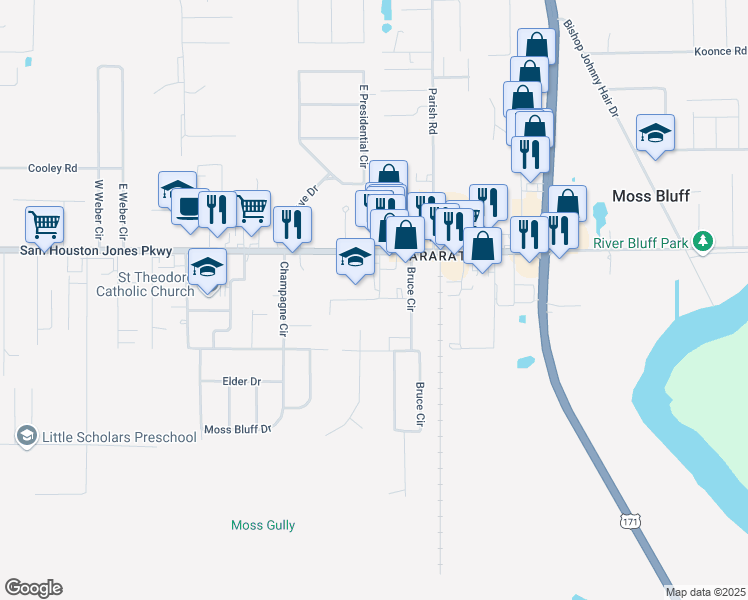 map of restaurants, bars, coffee shops, grocery stores, and more near 215 School Street in Moss Bluff