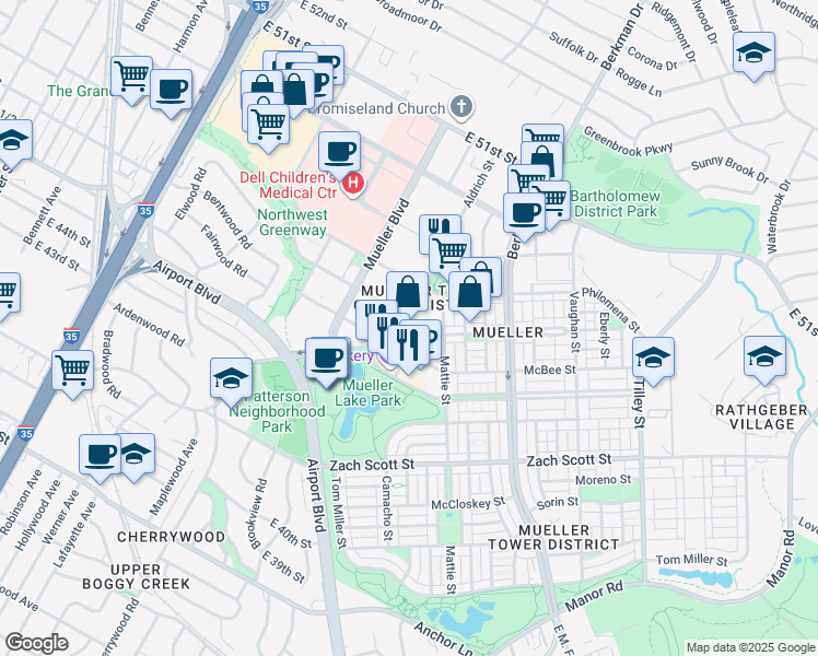 map of restaurants, bars, coffee shops, grocery stores, and more near 1911 Aldrich Street in Austin