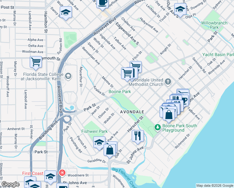 map of restaurants, bars, coffee shops, grocery stores, and more near 3730 Park Street in Jacksonville