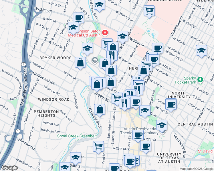 map of restaurants, bars, coffee shops, grocery stores, and more near 906 West 30th Street in Austin