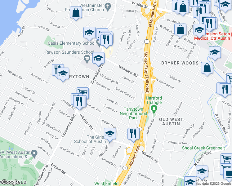 map of restaurants, bars, coffee shops, grocery stores, and more near 2304 Greenlee Drive in Austin