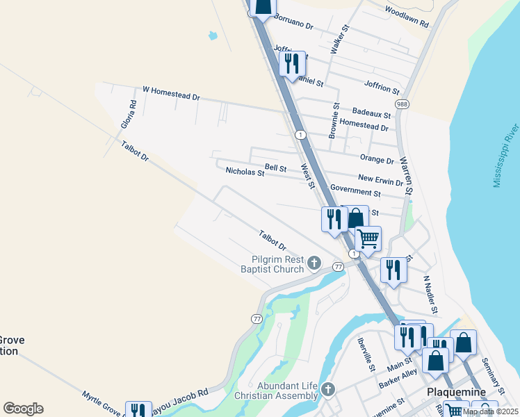 map of restaurants, bars, coffee shops, grocery stores, and more near 22830 Jade Drive in Plaquemine