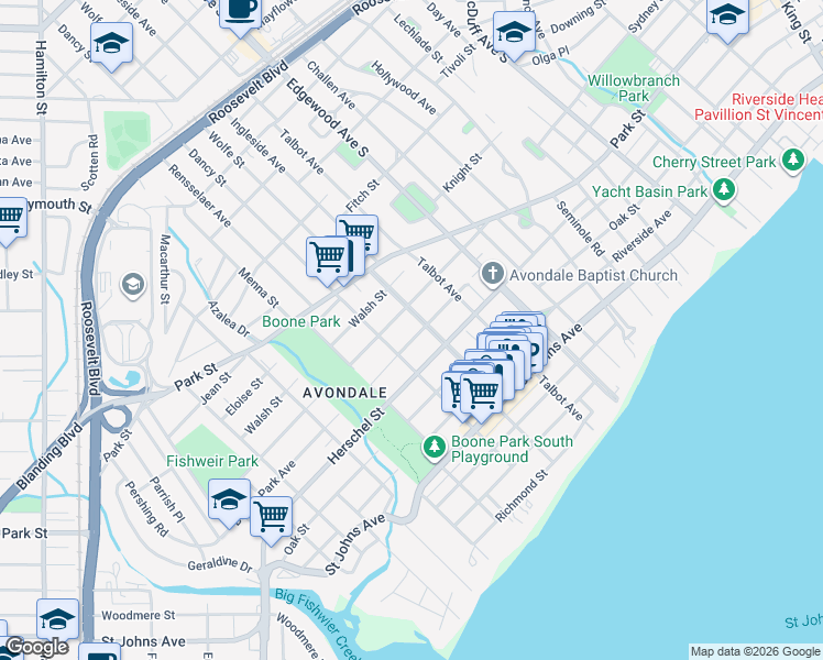 map of restaurants, bars, coffee shops, grocery stores, and more near 3631 Boone Park Avenue in Jacksonville