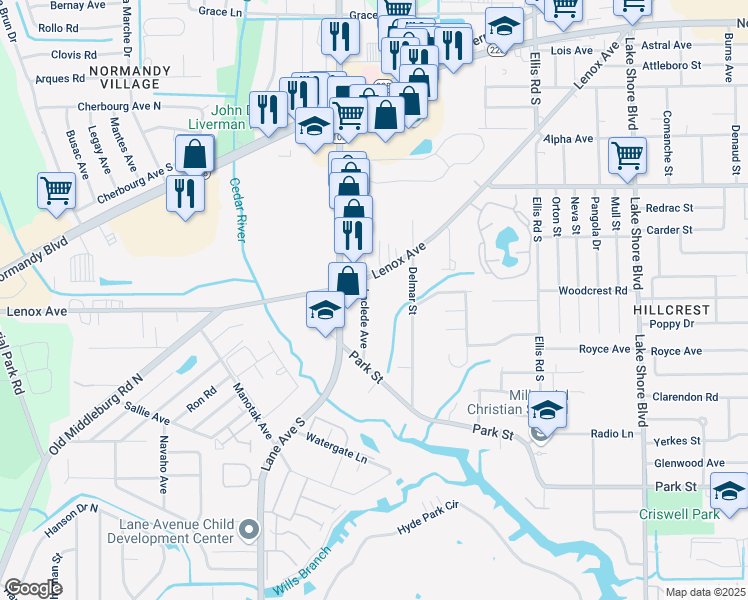map of restaurants, bars, coffee shops, grocery stores, and more near 1319 Laclede Avenue in Jacksonville