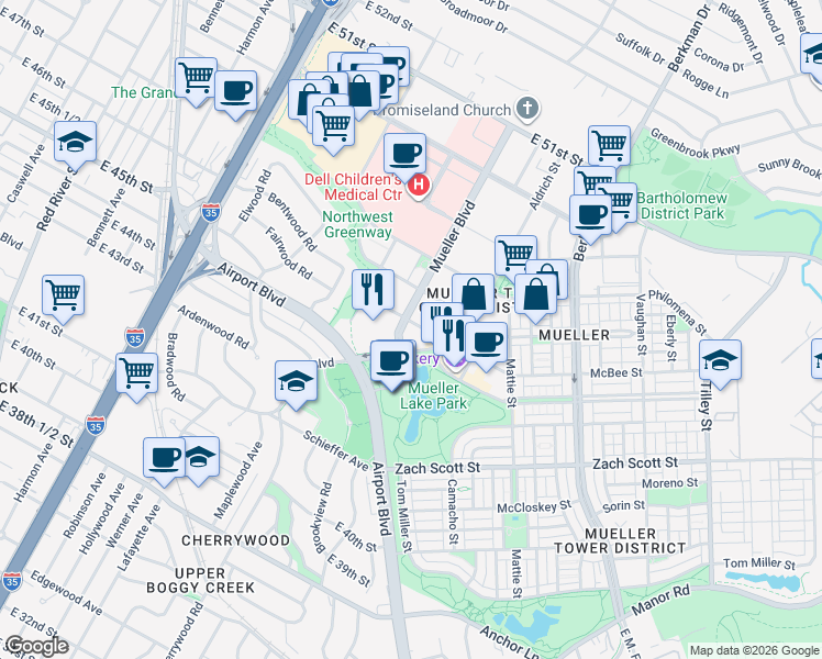 map of restaurants, bars, coffee shops, grocery stores, and more near 4600 James Wheat Street in Austin