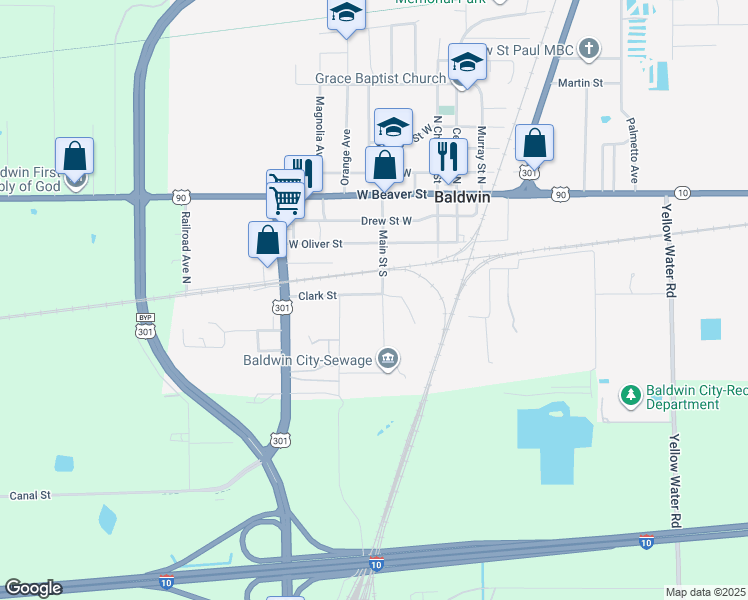 map of restaurants, bars, coffee shops, grocery stores, and more near 460 Main Street South in Baldwin