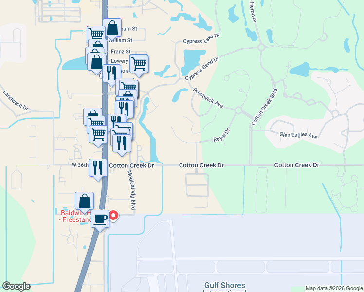 map of restaurants, bars, coffee shops, grocery stores, and more near 275 Royal Drive in Gulf Shores