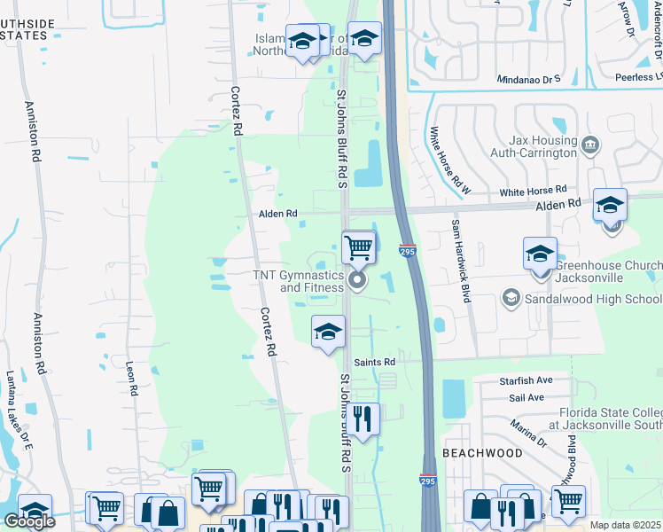 map of restaurants, bars, coffee shops, grocery stores, and more near 2678 Saint Johns Bluff Road South in Jacksonville