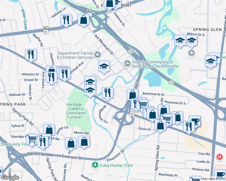 map of restaurants, bars, coffee shops, grocery stores, and more near 4815 Beach Boulevard in Jacksonville
