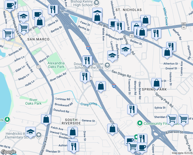 map of restaurants, bars, coffee shops, grocery stores, and more near 2230 Westmont Street in Jacksonville