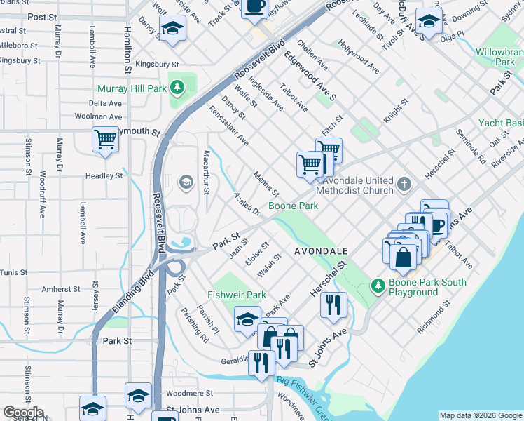 map of restaurants, bars, coffee shops, grocery stores, and more near 3805 Park Street in Jacksonville