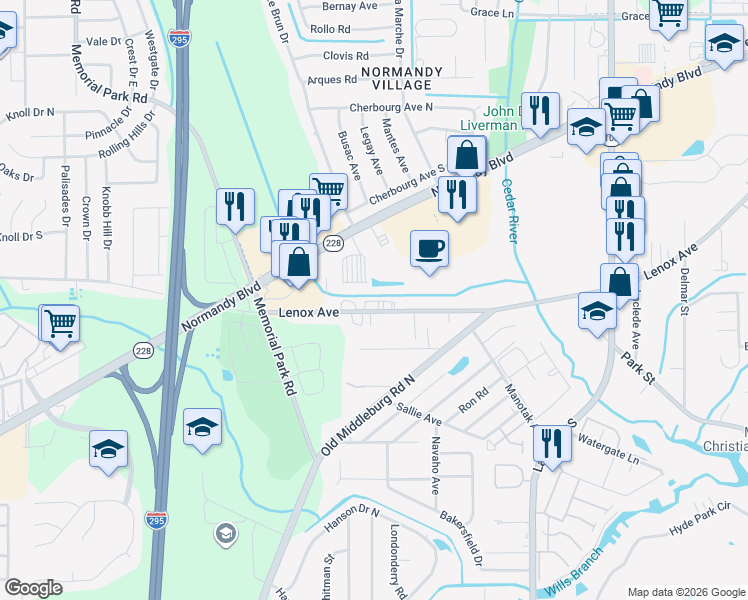 map of restaurants, bars, coffee shops, grocery stores, and more near 7005 Lenox Avenue in Jacksonville
