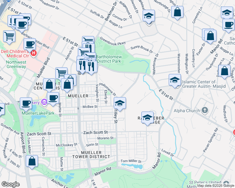 map of restaurants, bars, coffee shops, grocery stores, and more near 2724 Philomena Street in Austin