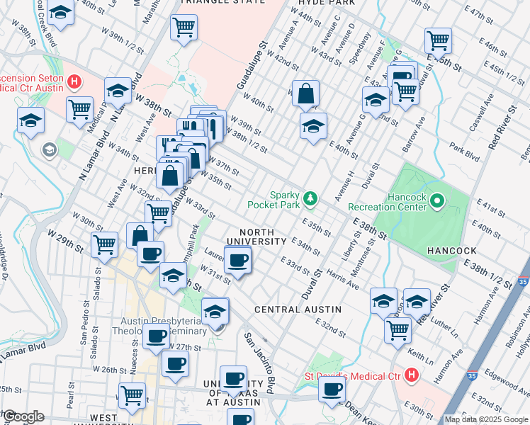 map of restaurants, bars, coffee shops, grocery stores, and more near 3400 Speedway in Austin