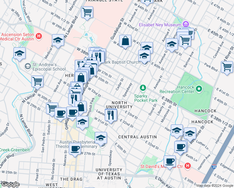 map of restaurants, bars, coffee shops, grocery stores, and more near 3400 Speedway in Austin