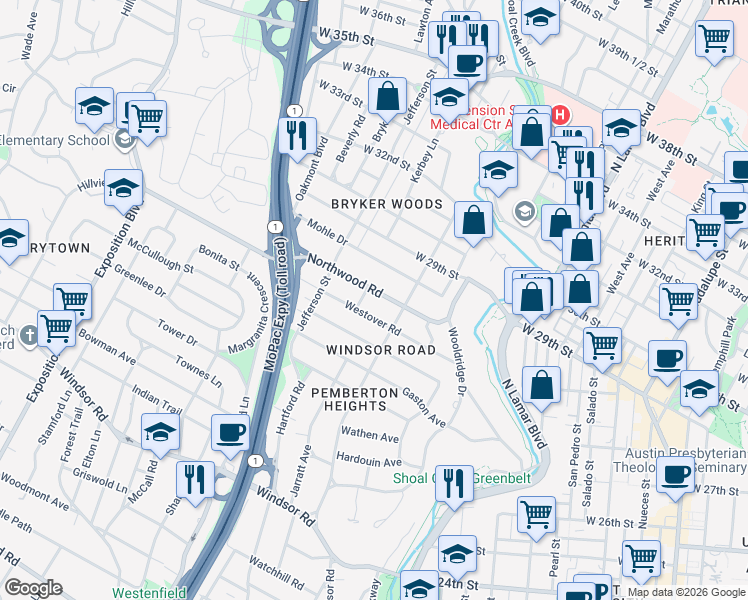 map of restaurants, bars, coffee shops, grocery stores, and more near 1516 Westover Road in Austin