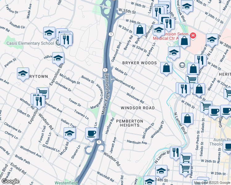 map of restaurants, bars, coffee shops, grocery stores, and more near 1610 Preston Avenue in Austin