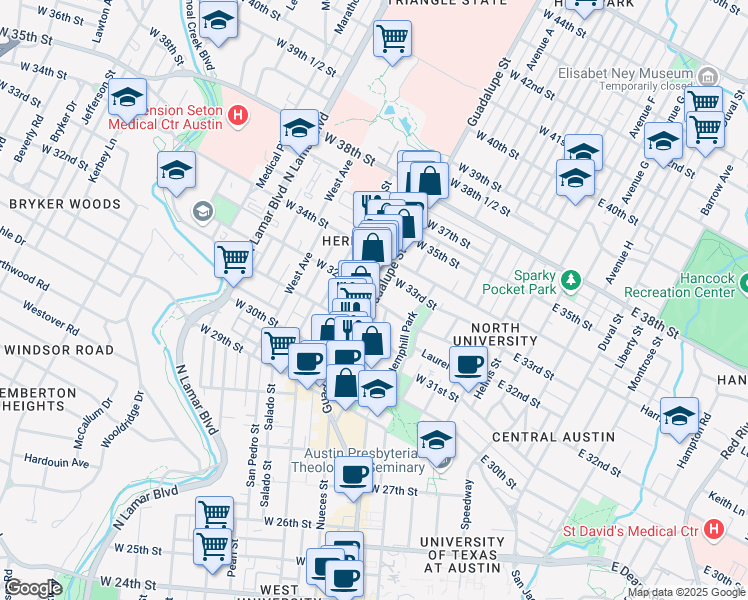 map of restaurants, bars, coffee shops, grocery stores, and more near Guadalupe St & W 32nd St in Austin
