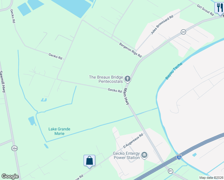 map of restaurants, bars, coffee shops, grocery stores, and more near 1278 Gecko Road in Breaux Bridge