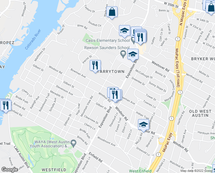 map of restaurants, bars, coffee shops, grocery stores, and more near 2808 Bowman Ave in Austin