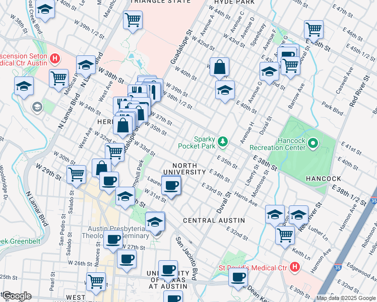 map of restaurants, bars, coffee shops, grocery stores, and more near 3408 Speedway in Austin
