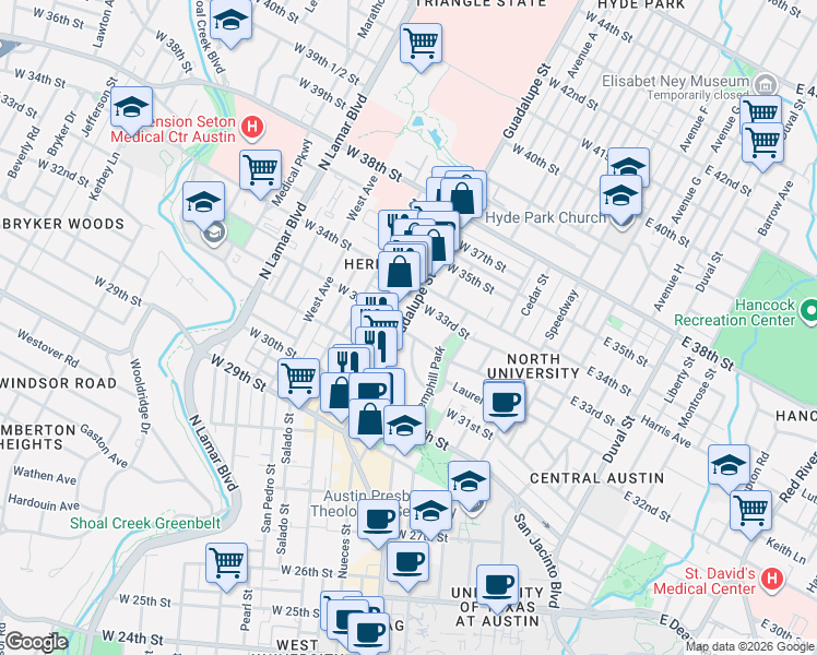 map of restaurants, bars, coffee shops, grocery stores, and more near 3201 Guadalupe Street in Austin