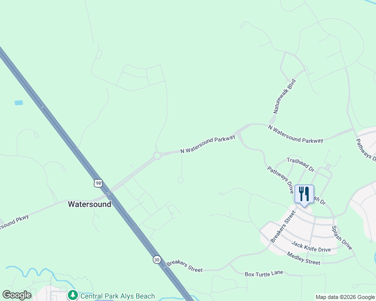 map of restaurants, bars, coffee shops, grocery stores, and more near North Watersound Parkway in Vernon