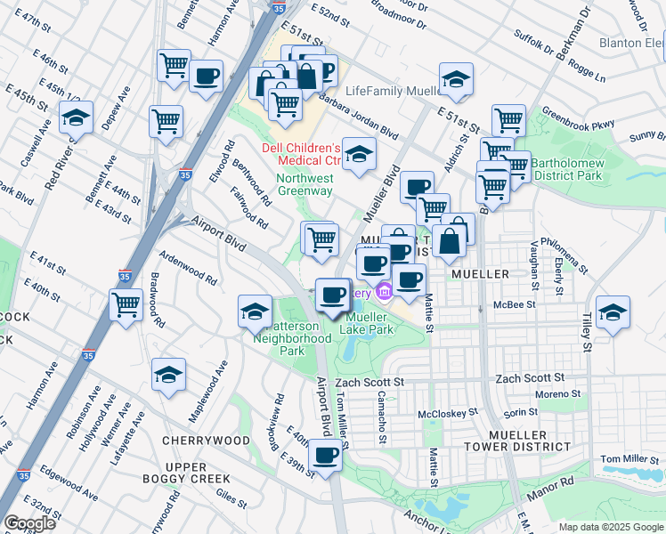 map of restaurants, bars, coffee shops, grocery stores, and more near 4600 James Wheat Street in Austin