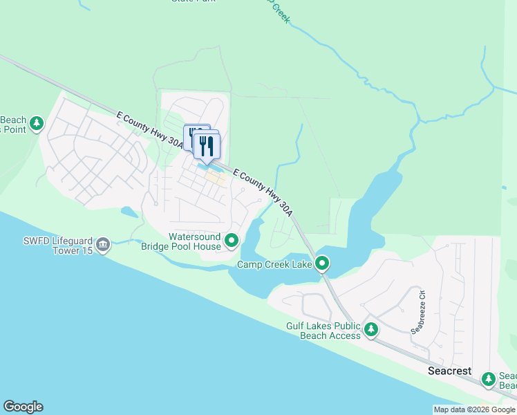 map of restaurants, bars, coffee shops, grocery stores, and more near 52 Creek Bridge Way in Panama City Beach