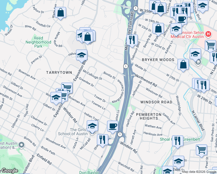 map of restaurants, bars, coffee shops, grocery stores, and more near 2208 Sunny Slope Drive in Austin