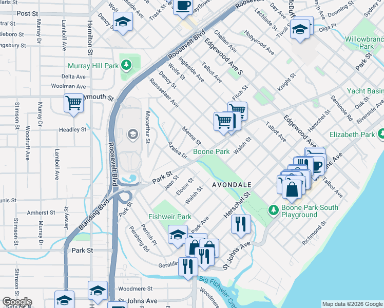 map of restaurants, bars, coffee shops, grocery stores, and more near 3805 Park Street in Jacksonville