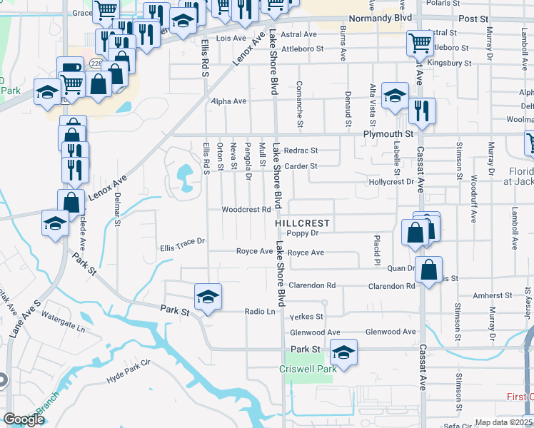 map of restaurants, bars, coffee shops, grocery stores, and more near 1318 Lake Shore Boulevard in Jacksonville