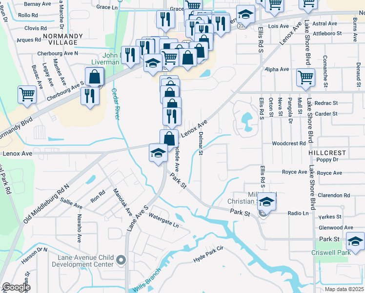map of restaurants, bars, coffee shops, grocery stores, and more near 1319 Laclede Avenue in Jacksonville