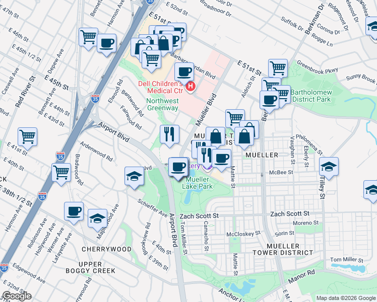 map of restaurants, bars, coffee shops, grocery stores, and more near 4600 James Wheat Street in Austin