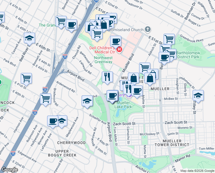 map of restaurants, bars, coffee shops, grocery stores, and more near in Austin