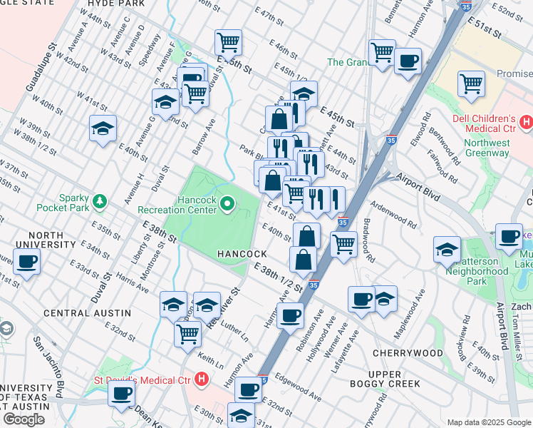 map of restaurants, bars, coffee shops, grocery stores, and more near 915 East 41st Street in Austin