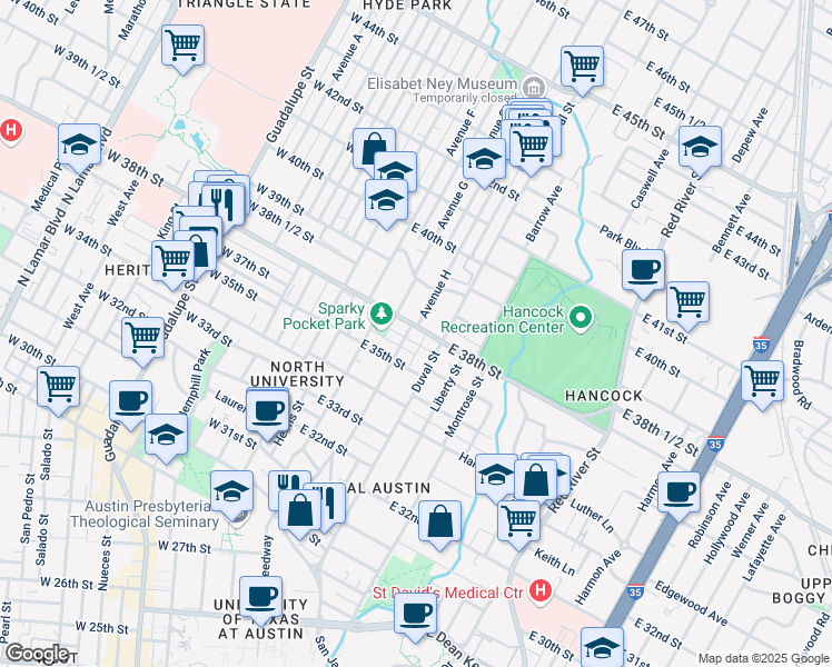 map of restaurants, bars, coffee shops, grocery stores, and more near 3707 Tom Green Street in Austin