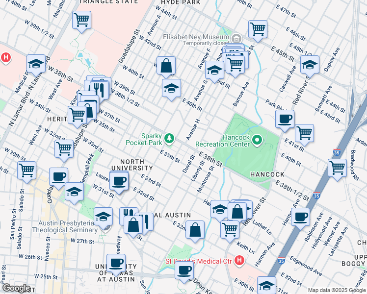 map of restaurants, bars, coffee shops, grocery stores, and more near 3707 Tom Green Street in Austin
